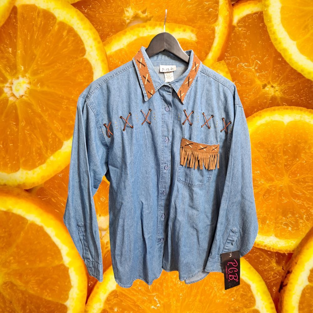 P.G.B. Western Denim Shirt Leather Fringe Lace Up Detail Large - Picture 3 of 8
